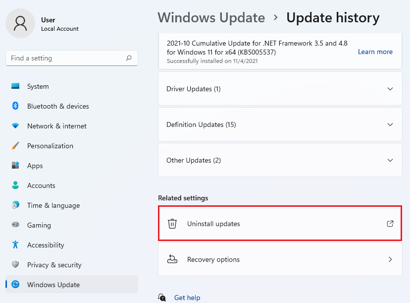 uninstall updates in windows 11 settings