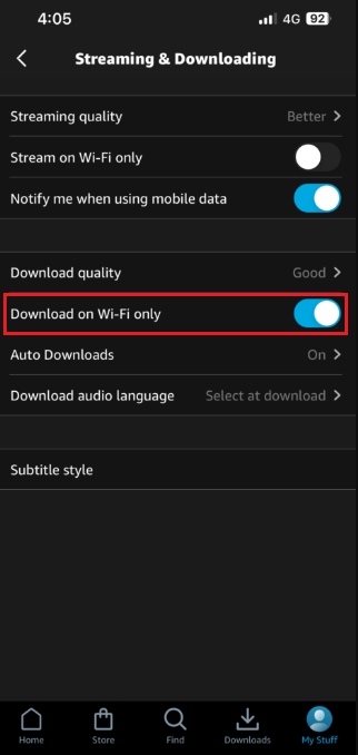 download on wi-fi only option in amazon prime app