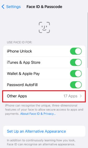 Face ID and Passcode setting on iPhone