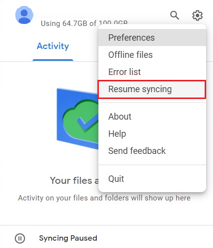 resume syncing option in google drive