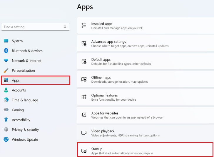 startup in windows app settings