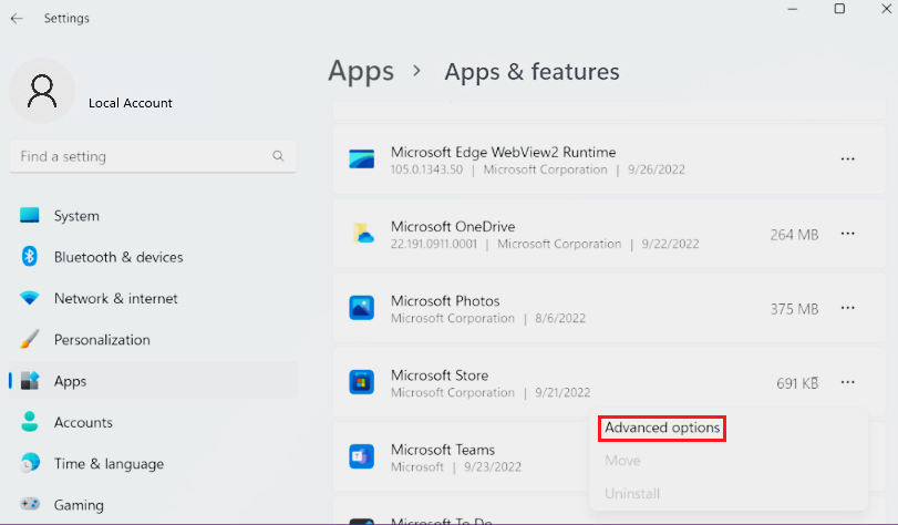 advanced app options Windows 11