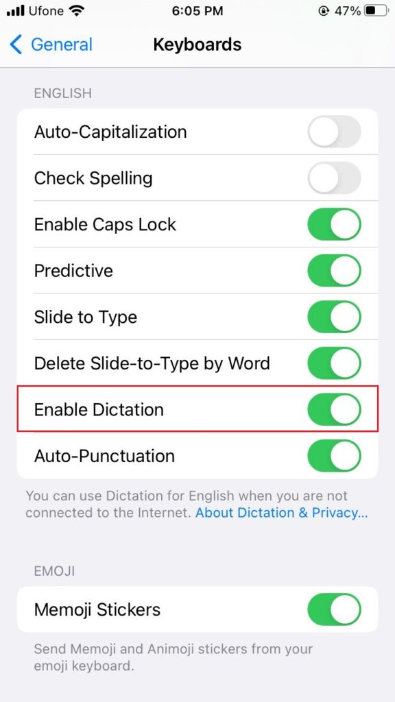 enable dictation iPhone