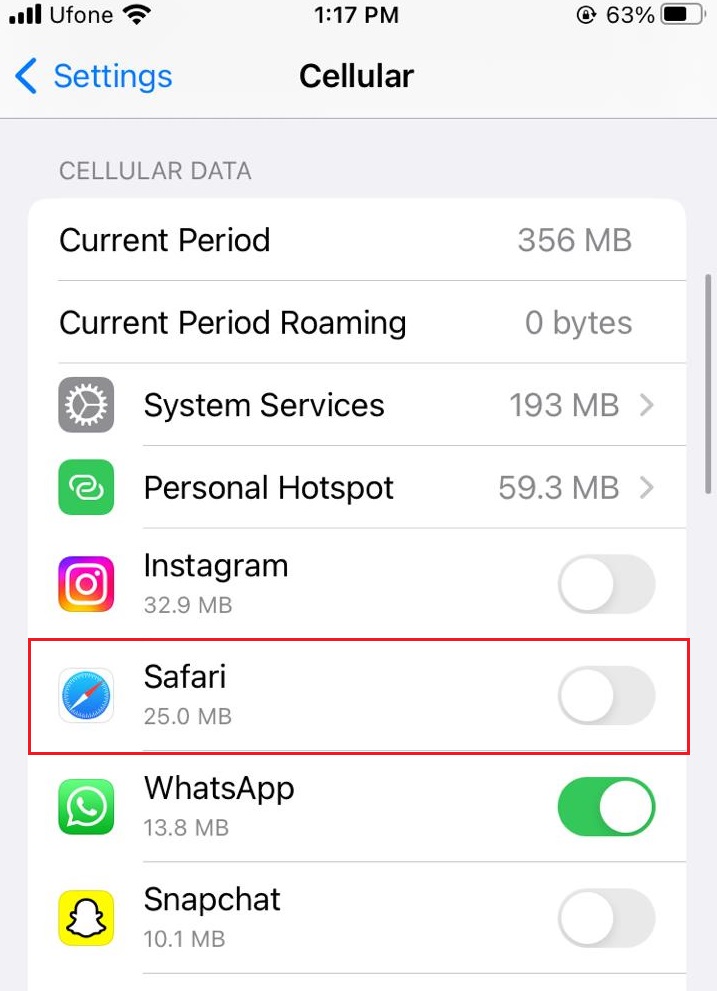 cellular data option for safari