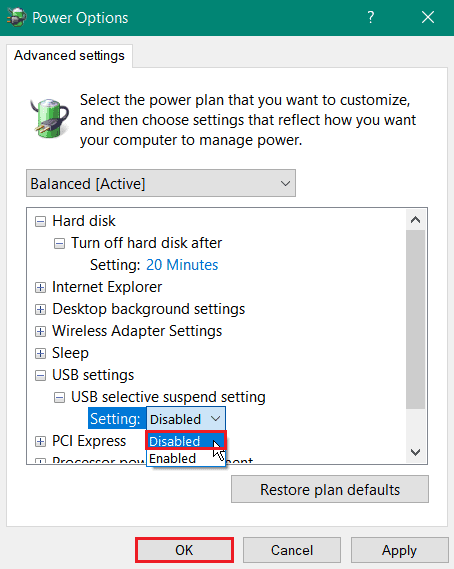 Disable USB Selective Suspend Power Setting