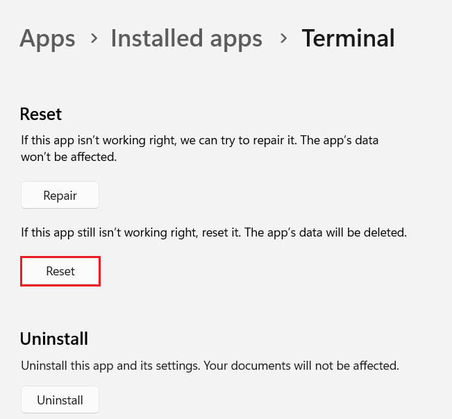 reset app settings Windows