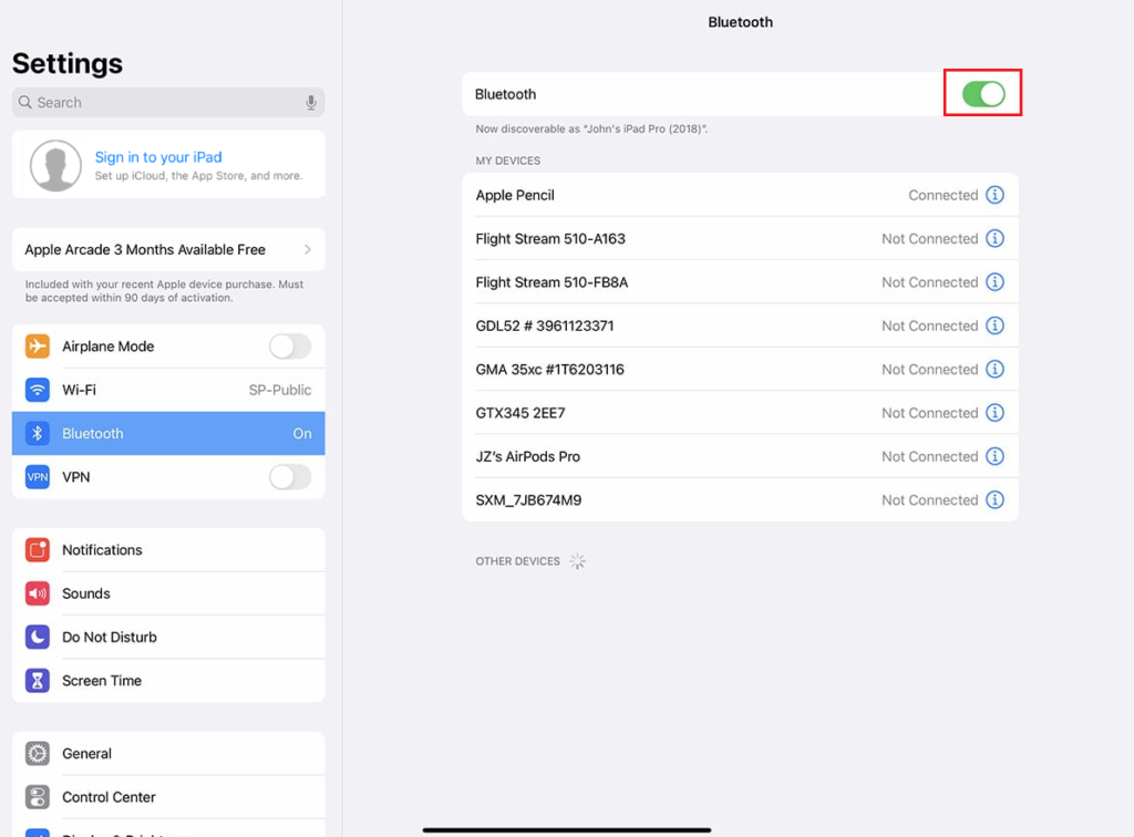 Restart Bluetooth on iPad