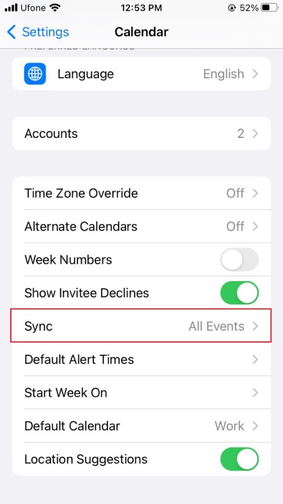 iPhone Calendar sync settings