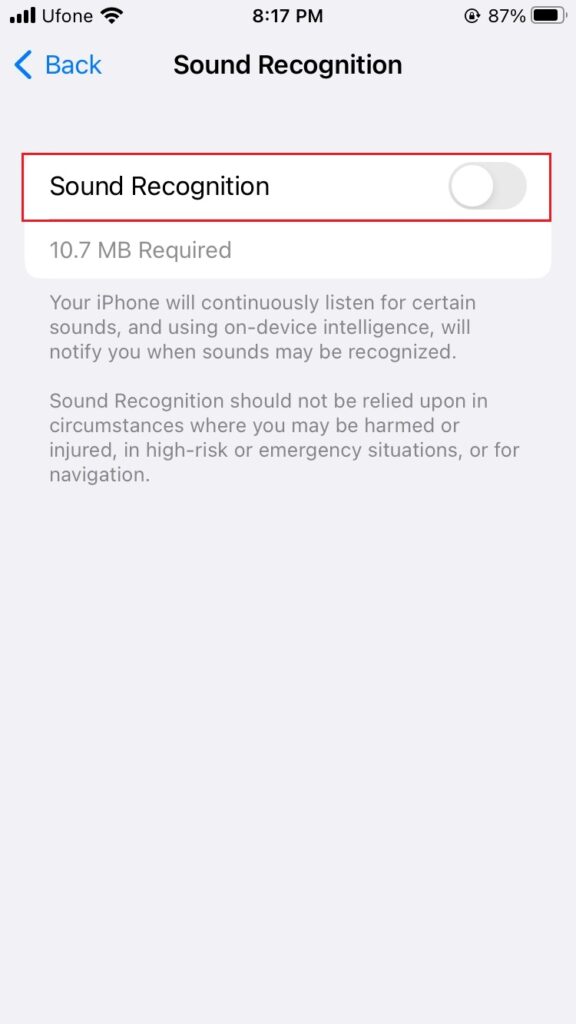 disable Sound Recognition on iPhone