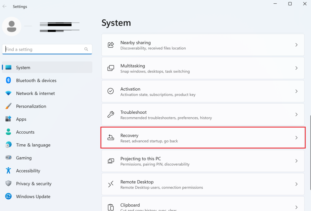 System Recovery settings