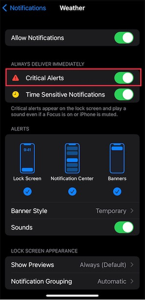 severe weather alerts not working on iphone