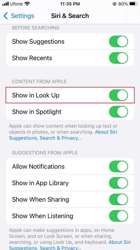Siri & Search Show in Look Up