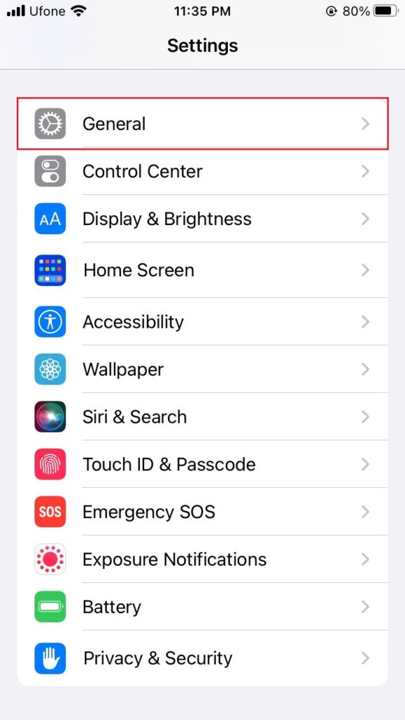 iPhone General settings