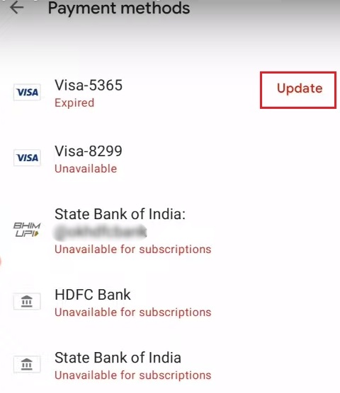 update payment method in play store