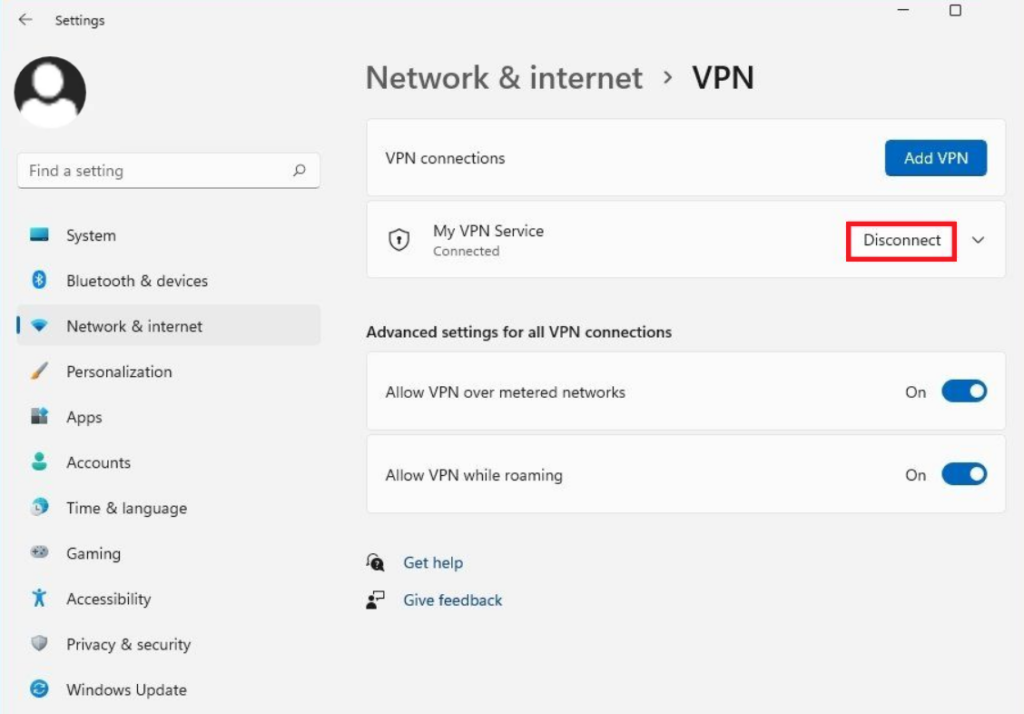 VPN in Windows 11 Settings