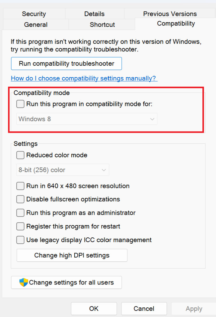 Windows compatibility mode