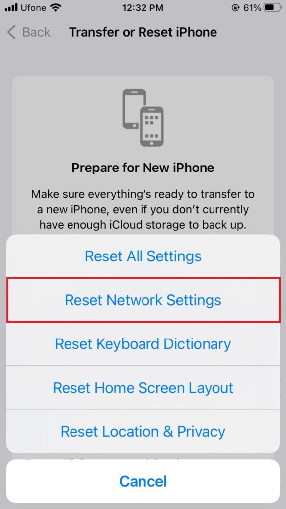reset network settings in iphone settings
