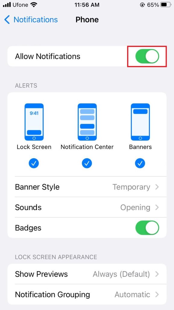 allow notifications in phone settings