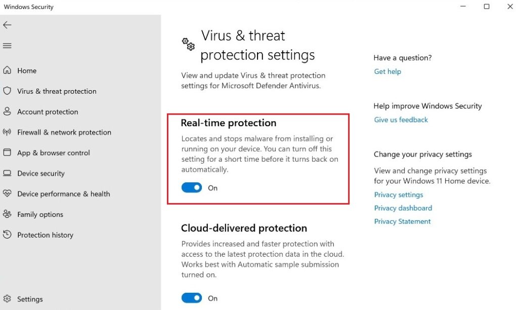 real time protection in virus & threat protection settings