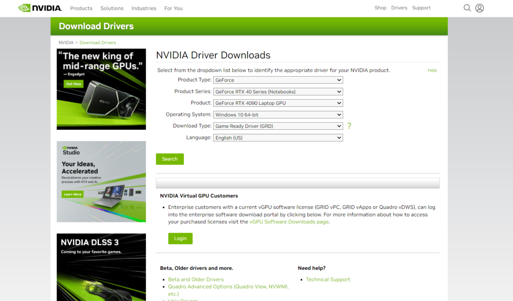 nvidia driver downloads webpage