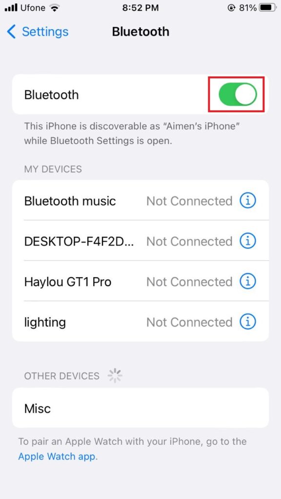 iphone bluetooth settings