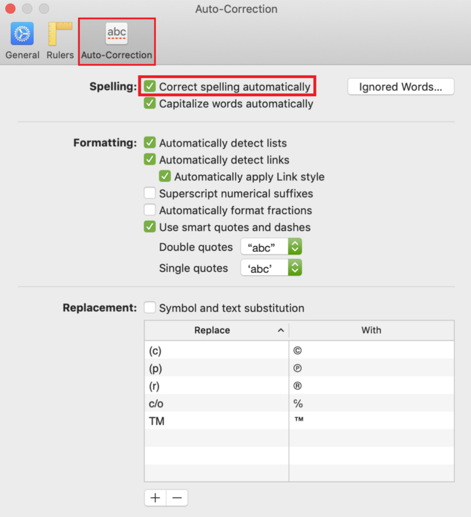 auto-correction settings on mac