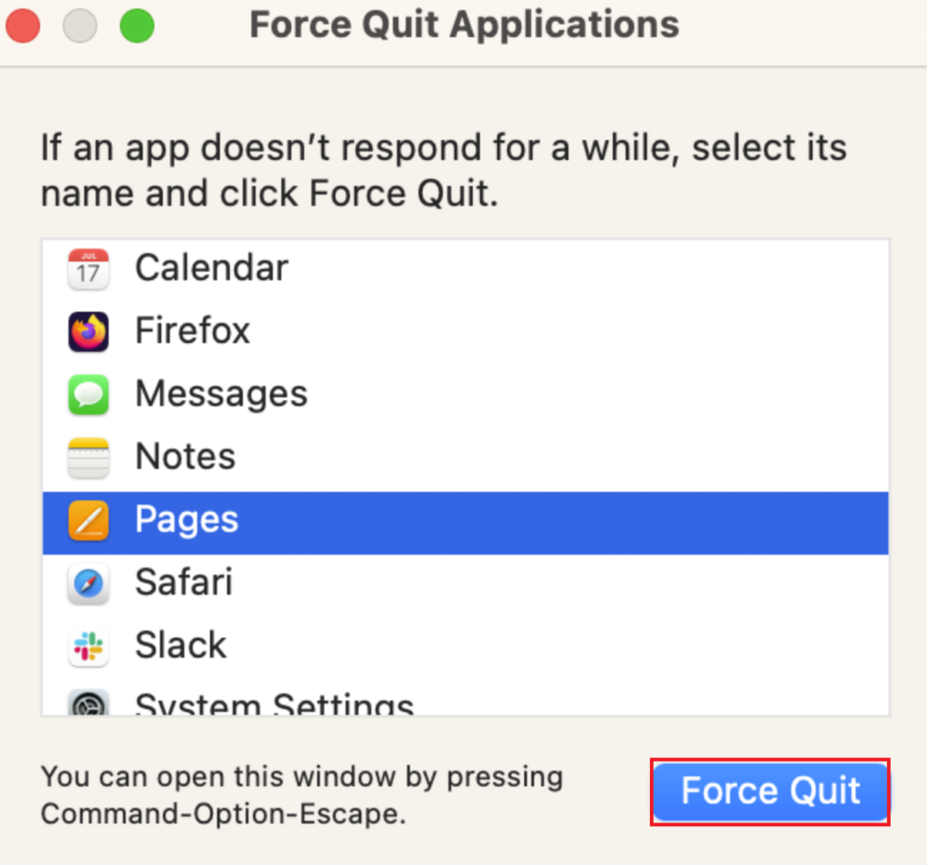 force quit pages application on mac